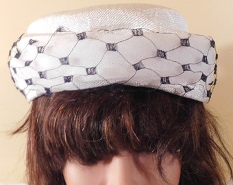 Vintage Hat White Mini Hat Black Netting Pillbox