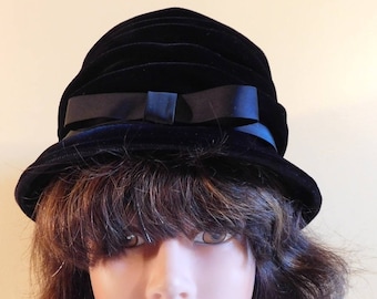 Vintage Black Velvet Bucket Hat Black Ribbon Bow