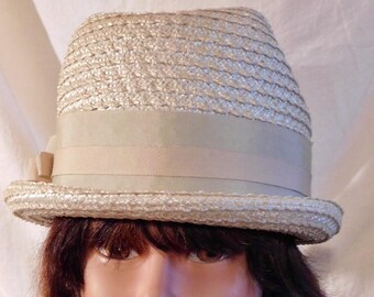 Cream Straw Fedora Hat, 60s Mod Ribbon Accent (21 Inch) - Etsy display picture 1