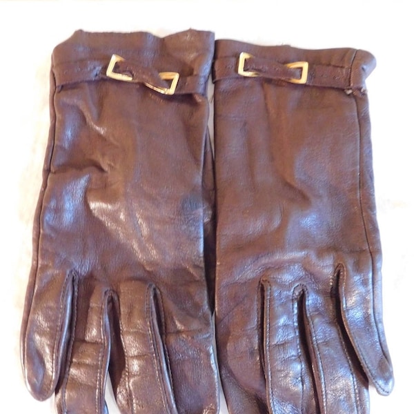 Vintage Brown Leather Driving Gloves Gold Buckle Accent Wrist Length Brown Gloves