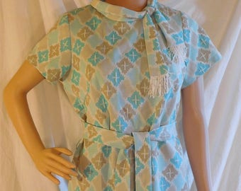 Turquoise Brown Pussy Bow Collar Day Dress Vintage 60s 70s Short Sleeve Day Dress Sheath Dress