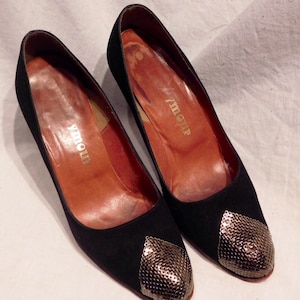 Black Suede Faux Suede Pumps with Silver Mesh Accents by Ymour