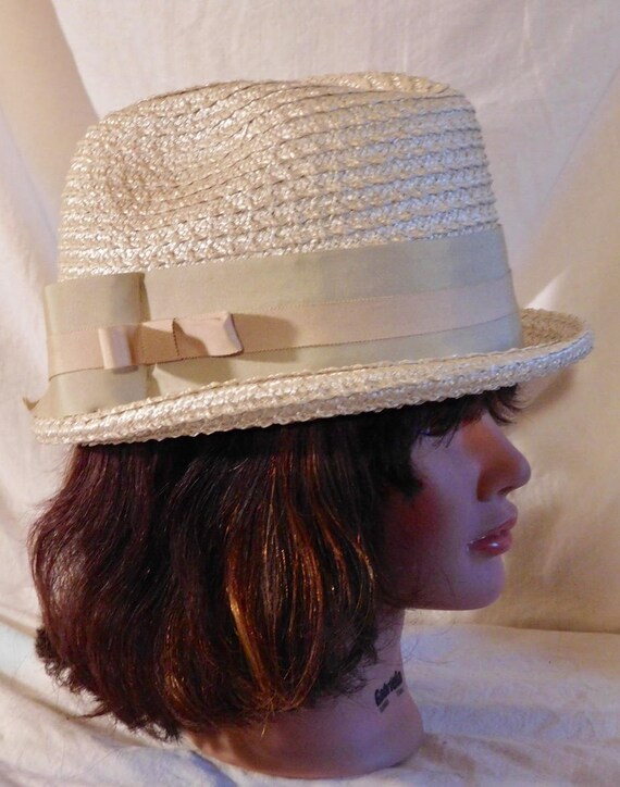 Vintage Fedora Beige Woven Hat with Beige Grossgr… - image 4