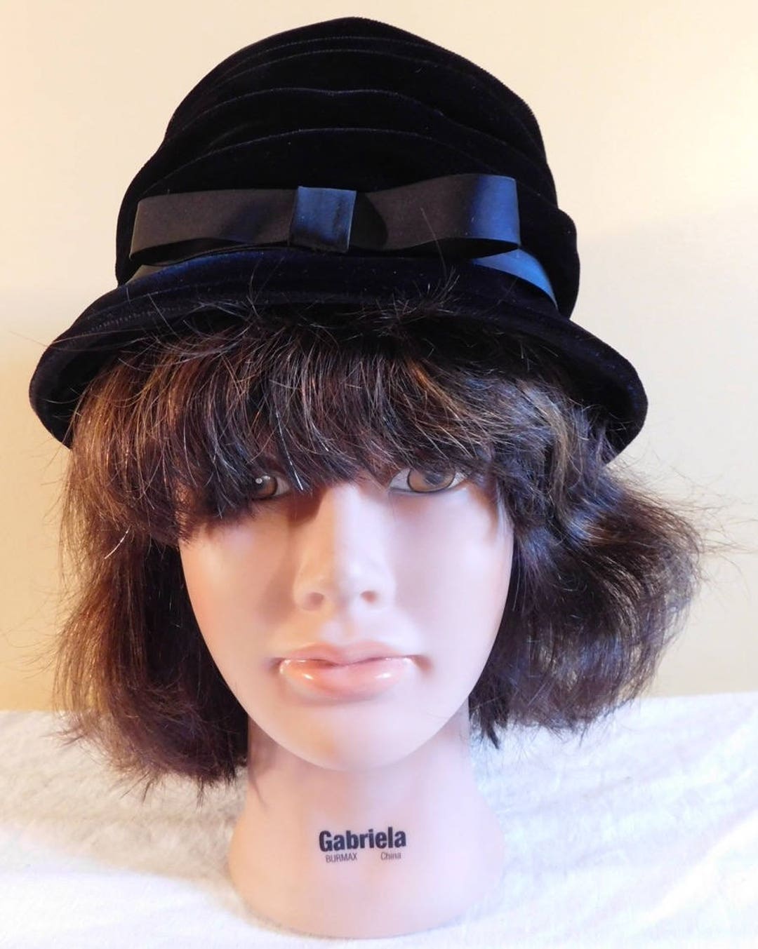 Vintage Black Velvet Bucket Hat Black Ribbon Bow - Etsy display picture 3