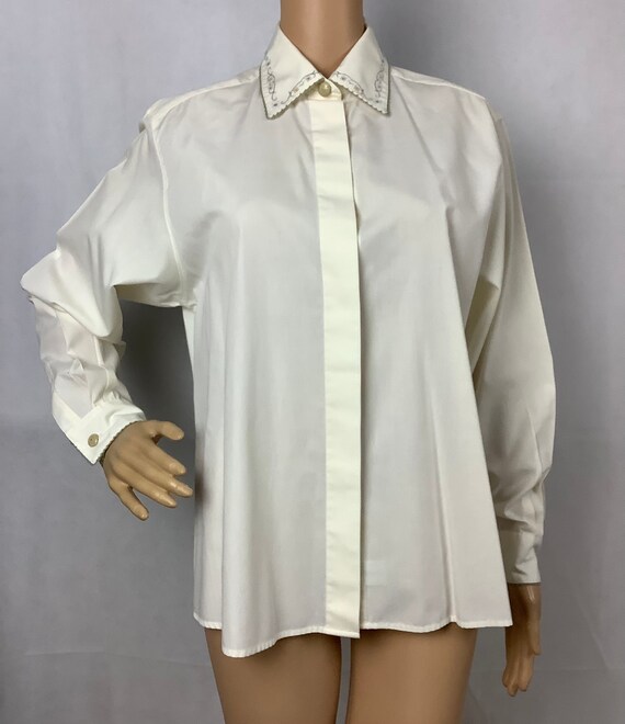 Vintage Button Down Blouse Fancy Collar Cream Whit