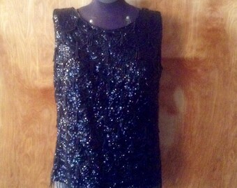 Vintage Stephen Chu Sequin Top, Black Beaded Party Shell