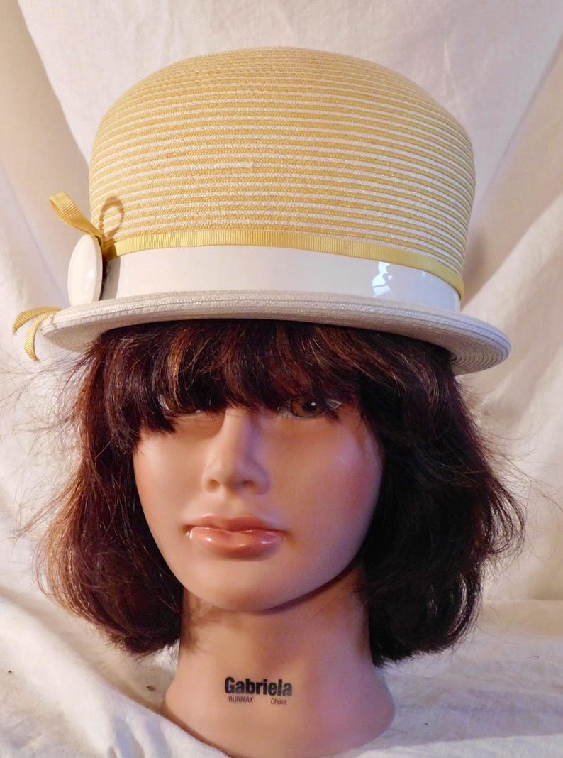 Vintage Bucket Hat Yellow With White Patten Leather Vinyl Button Yellow Ribbon Bow Etsy