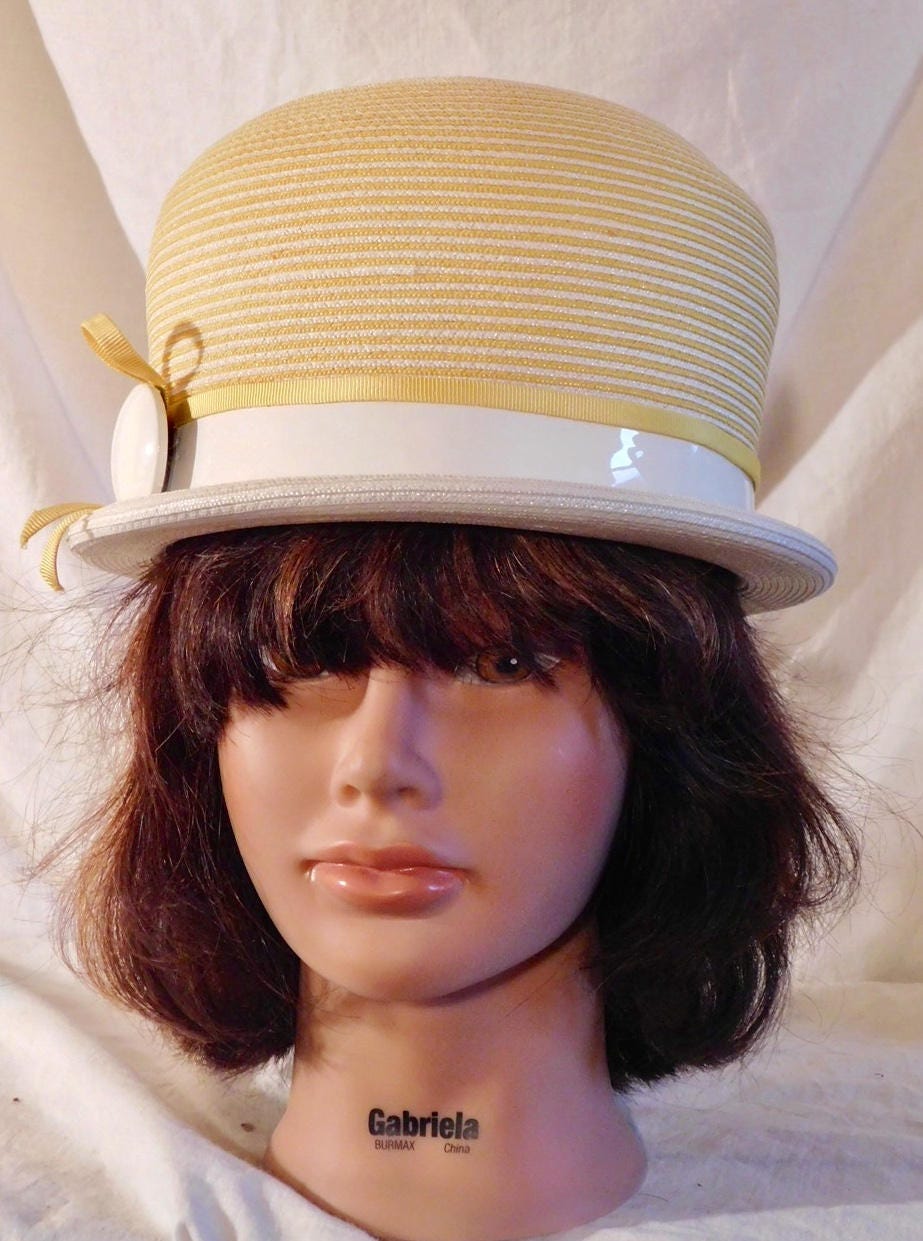 Vintage Bucket Hat Yellow With White Patten Leather Vinyl Button Yellow