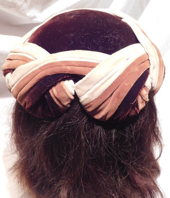 Vintage Velour Hat Dark Brown, Beige Chocolate Br… - image 4
