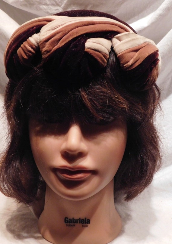 Vintage Velour Hat Dark Brown, Beige Chocolate Br… - image 1