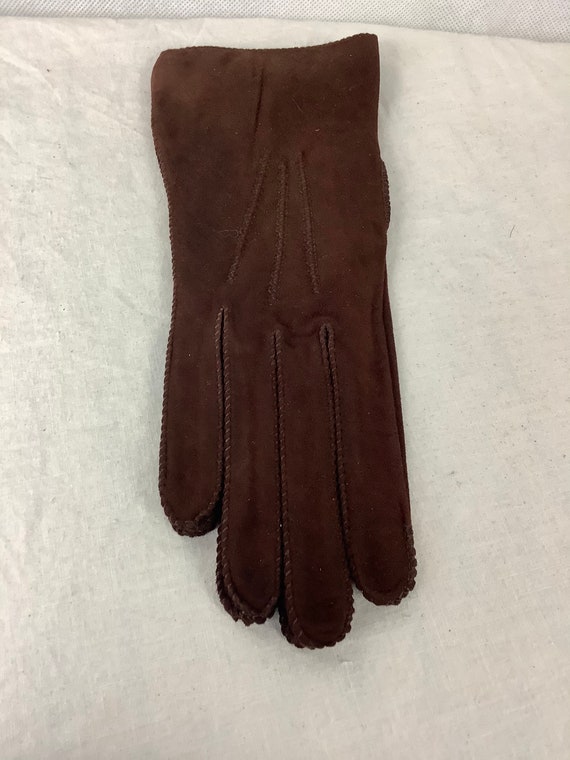 Vintage Brown Suede Gloves Brown Leather Gloves N… - image 1