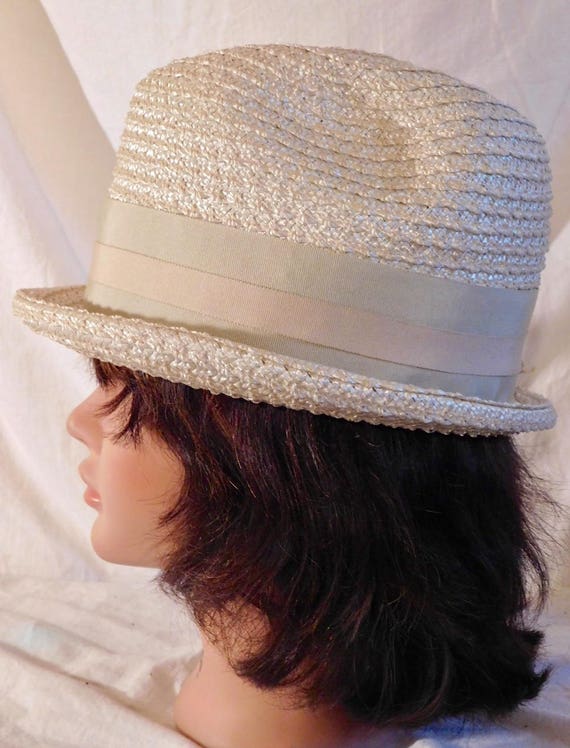 Vintage Fedora Beige Woven Hat with Beige Grossgr… - image 2