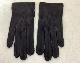 Womens Ladies Black Genuine Leather Gloves Fleece Lined Retro Vintage Suede Trim 