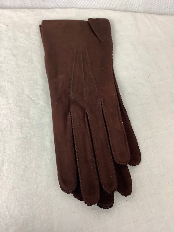 Vintage Brown Suede Gloves Brown Leather Gloves N… - image 2