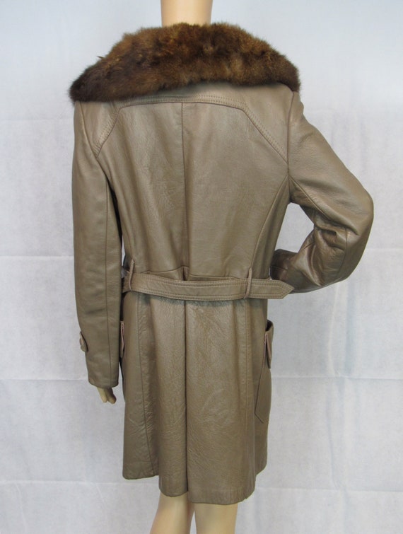 Vintage Leather Trench Coat Fur Collar Belted Tre… - image 2