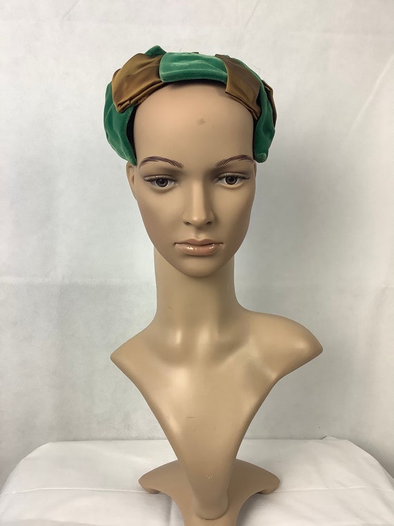 Vintage Hats Green Velvet Bows Bronze Satin Mini … - image 1