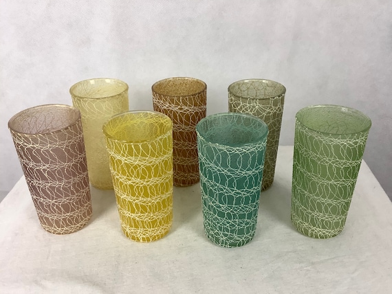 Vintage Glassware Spaghetti Swirl Glasses Multi Color Glasses Set of 7 