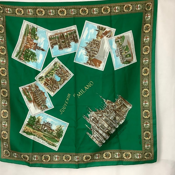 Vintage Milan Souvenir Scarf, Italy, Large Green Polyester