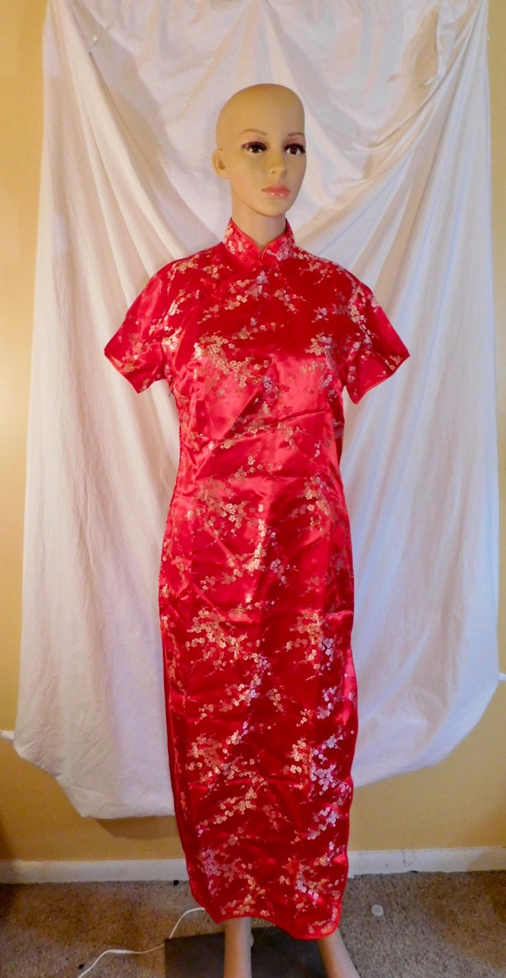 Oriental Maxi Dress Red Satin Floral High Slits Yoshan - Etsy
