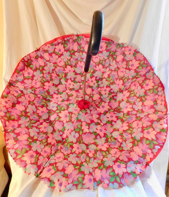 Vintage Umbrella Red Umbrella Pink Floral Umbrella - image 1