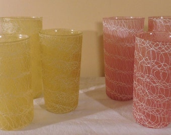 Vintage Swirl Glass Tumblers, Pink & Yellow, Set of 6