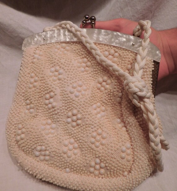 Vintage Beaded Handbag Lucite Accent White Beaded… - image 2