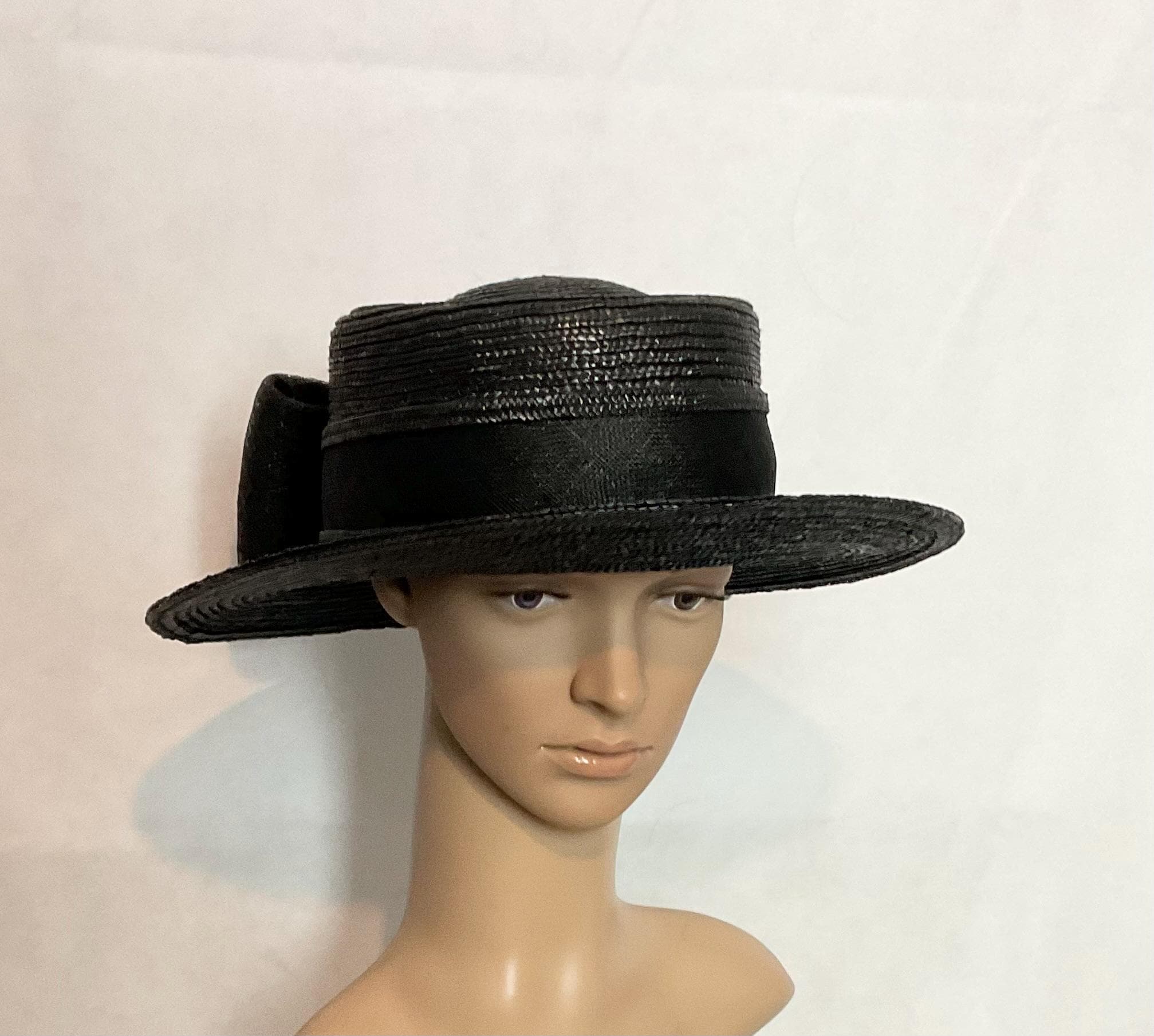 Vintage Betmar Wool Hat Wide Brim Black Silk Scarf Chic Elegant Adolfo 1970s Black Wool Felt Wide Brim Scarf Hat  main image 2