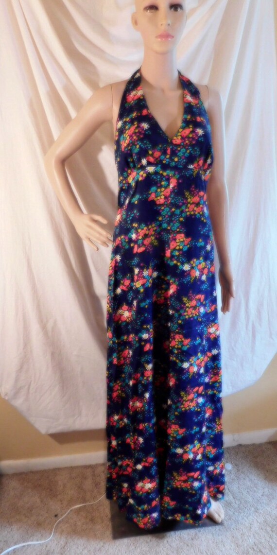 Vintage Halter Dress Floral Maxi Dress Navy Floral