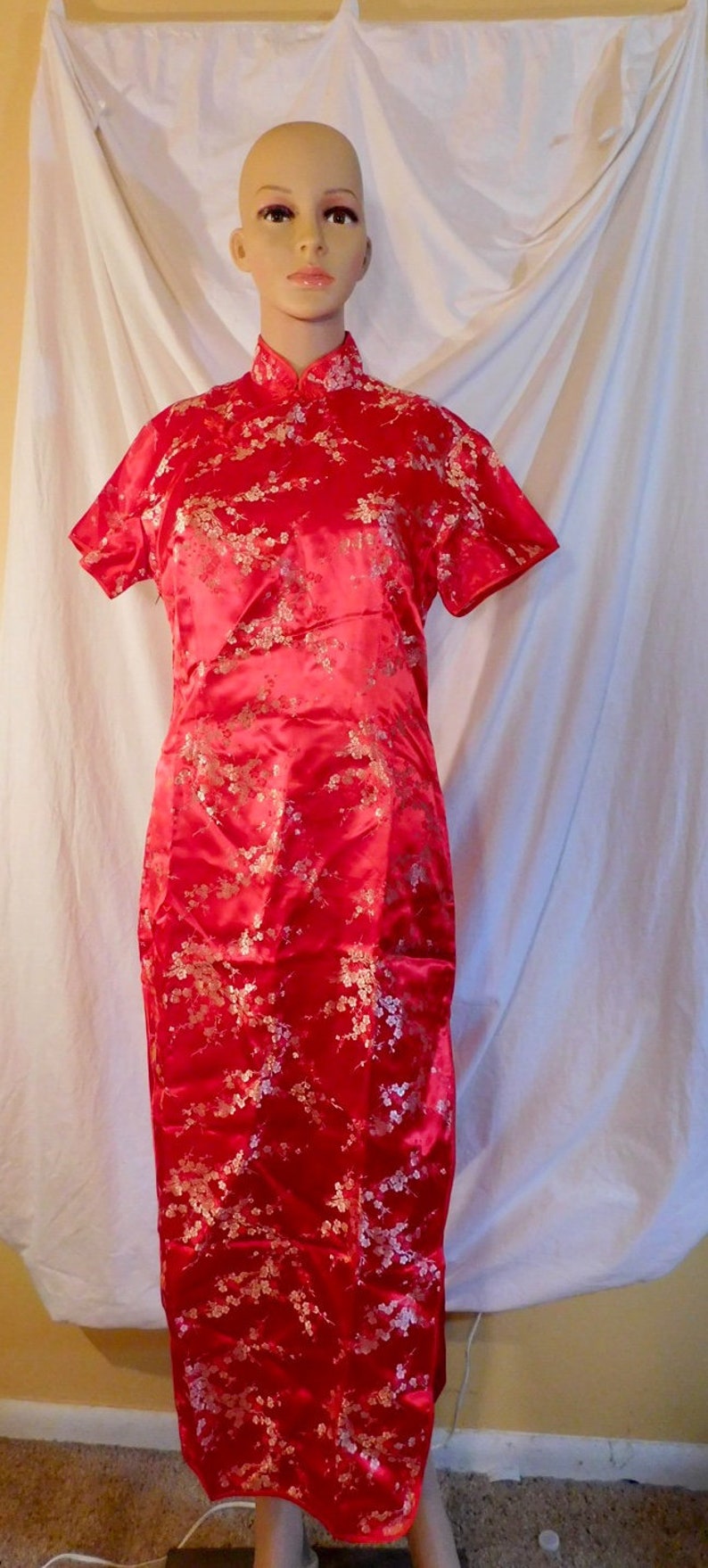 red satin floral dress