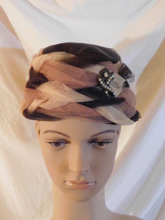 Vintage Bucket Hat Light Brown Dark Brown Netting… - image 1