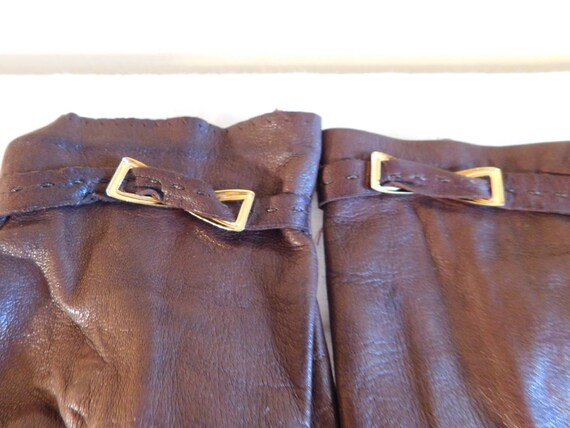 Vintage Brown Leather Driving Gloves Gold Buckle … - image 3