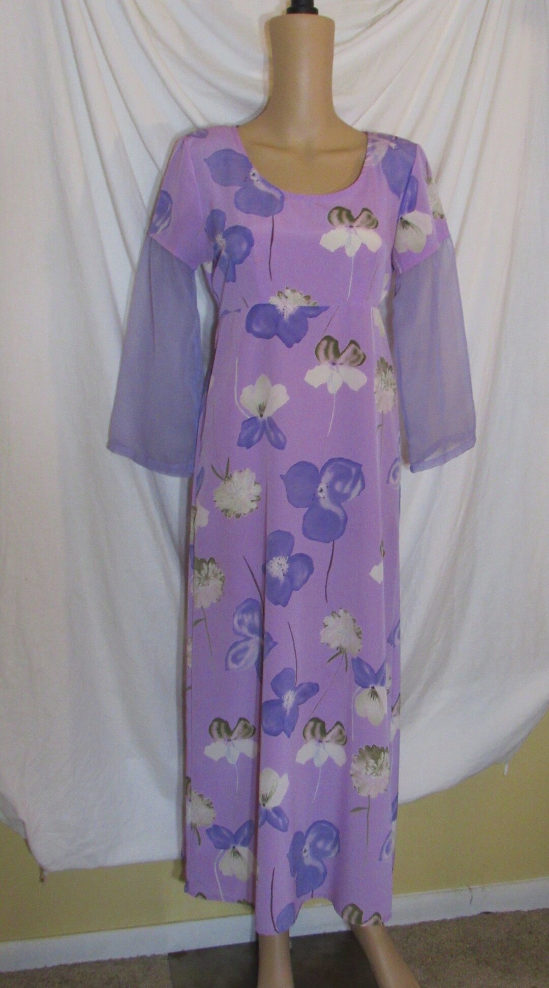 Vintage Maxi Dress Purple Floral Muumuu Sheer Sleeves Sccop - Etsy