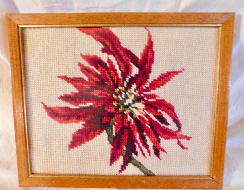 Vintage Crewel Floral Wall Hanging Framed Needlepoint Burgundy Etsy