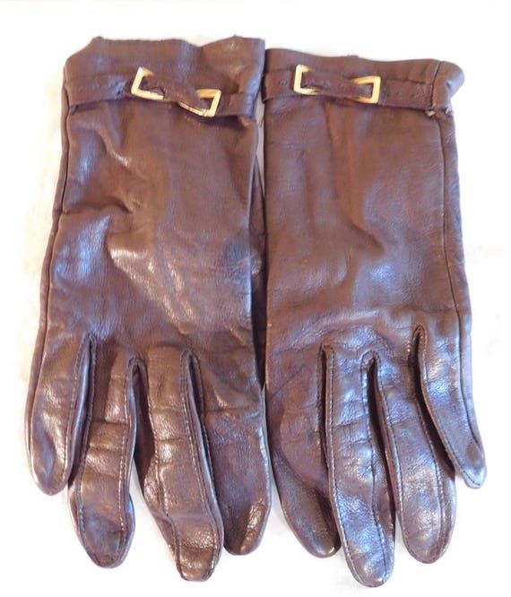 Vintage Brown Leather Driving Gloves Gold Buckle … - image 1