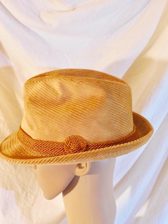 Vintage Champ Fedora Tan Corduroy Corded Pug Trim… - image 4