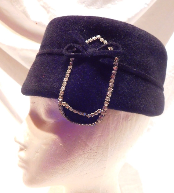 Vintage Black Velour Cloche Hat With Rhinestine Buckle - Etsy