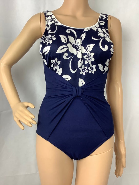 Vintage Bathing Suit Navy Blue Floral Swim Suit Wrap … - Gem