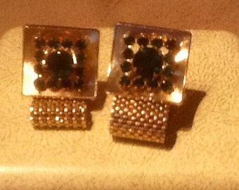 Vintage Cuff Links 1970 Gold Tone Mesh with Green Glass Stones Retro Cufflinks