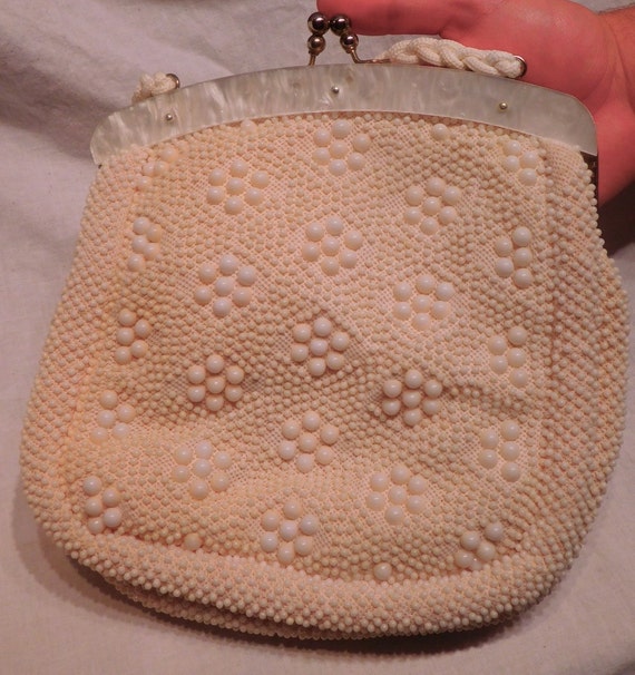 Vintage Beaded Handbag Lucite Accent White Beaded… - image 1