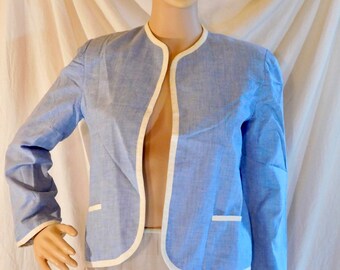 Vintage Blue Cotton Jacket Crop Jacket Blue white Piping Gentry Blue Crop Jacket Collarless Jacket