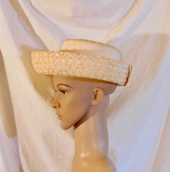 Vintage Straw Raffia Woven Boater Cream Boater Iv… - image 2