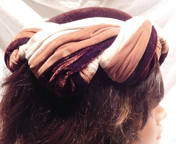 Vintage Velour Hat Dark Brown, Beige Chocolate Br… - image 2