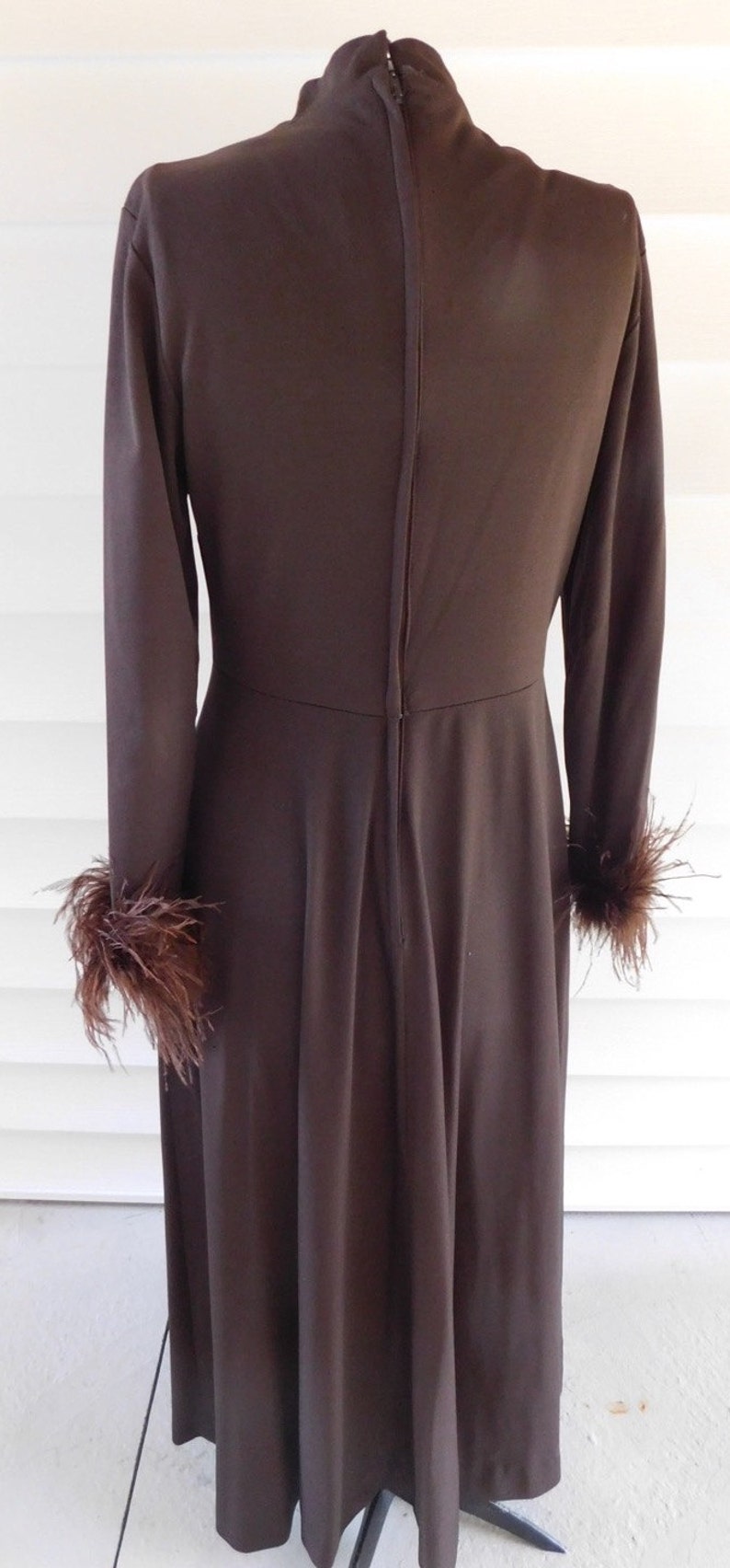 Vintage 1970s Maxi Dress with Feather Cuffs Chocolate Brown Vintage Loungewear image 3