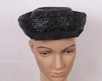 Vintage Hats B Forman Co Black Raffia  Pillbox Mini Hat Ladies Vintage Hat