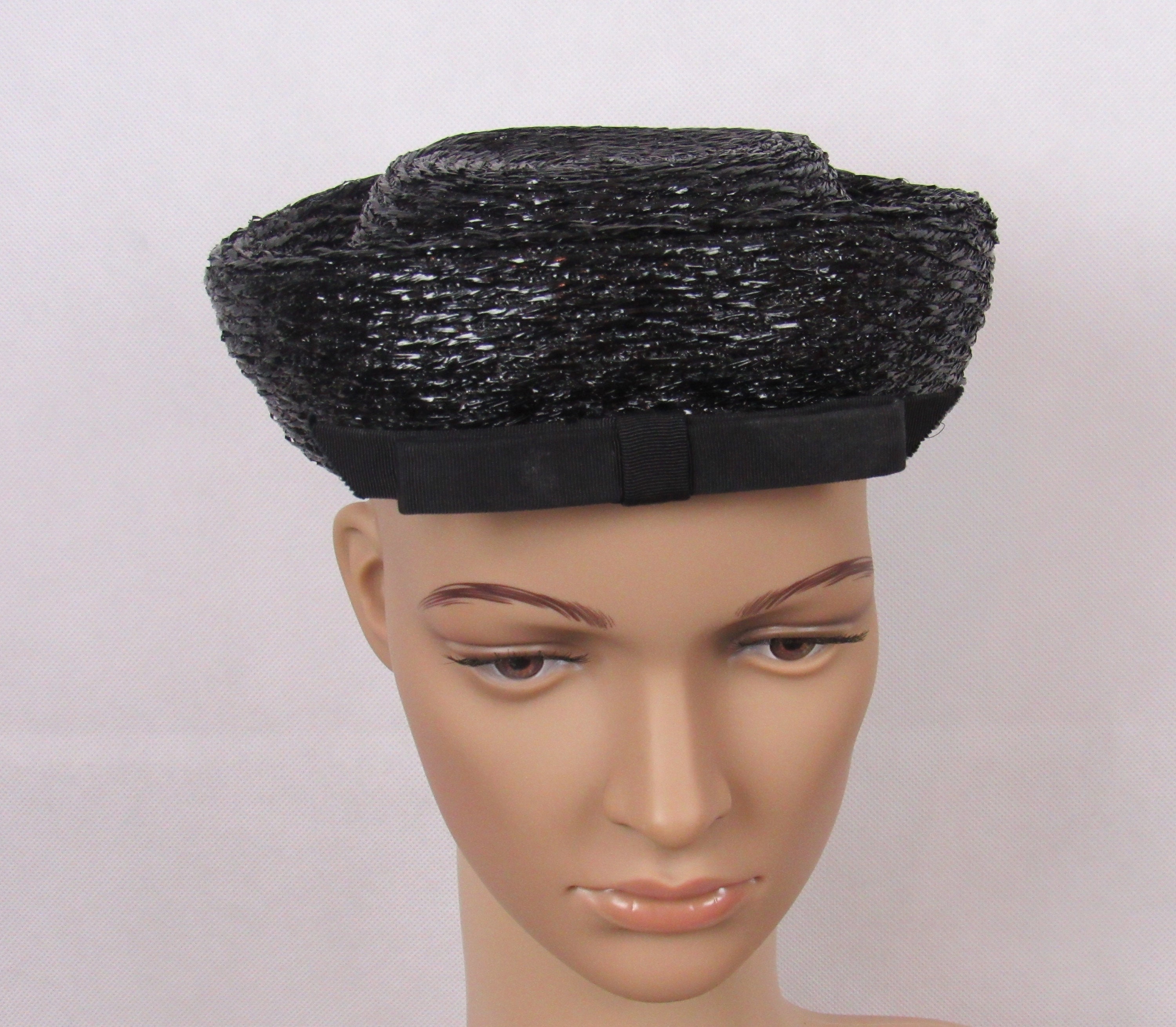 Vintage B. Foreman Pillbox Style Hat with Black Feathers, Made in France Vintage Hats B Forman Co Black Raffia Pillbox Mini Hat  main image 4