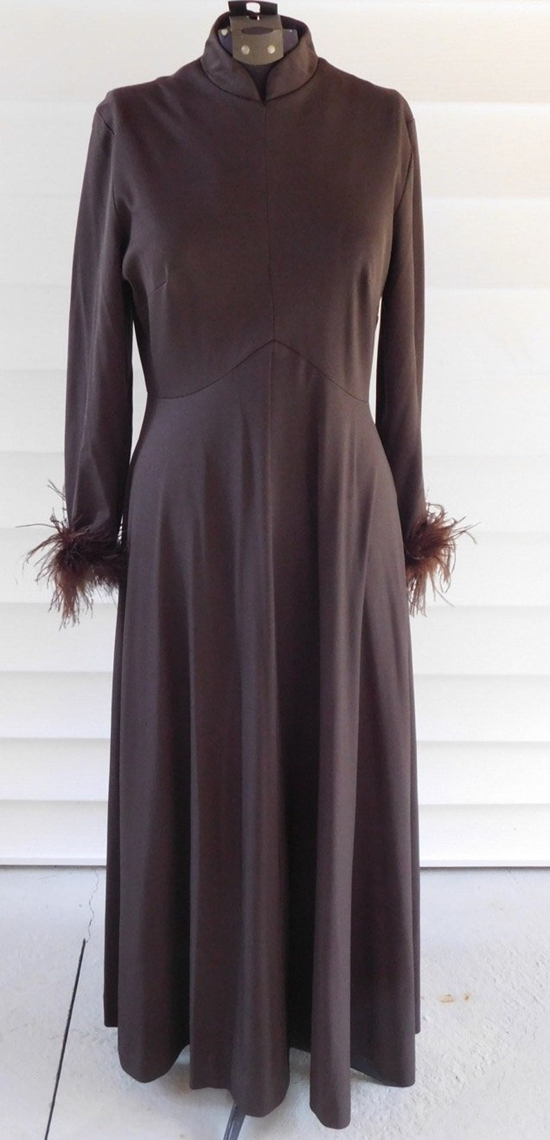 Vintage 1970s Maxi Dress with Feather Cuffs Chocolate Brown Vintage Loungewear image 1
