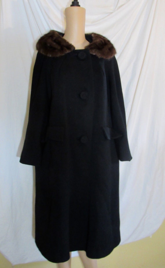 Vintage Black Coat Brown Mink Collar 1960s Winter