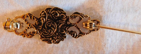 Vintage Brooch Faux Pearl Gold Tone Filigree Pin - image 3