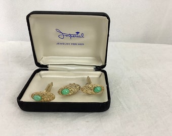 Vintage Imperial Cufflinks Gold Oval Cuff Links and Tie Clip Green Stone