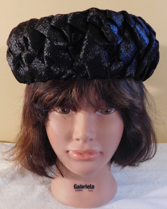 Vintage Black Woven Pillbox Hat With Pin, Mr Kurt Original 